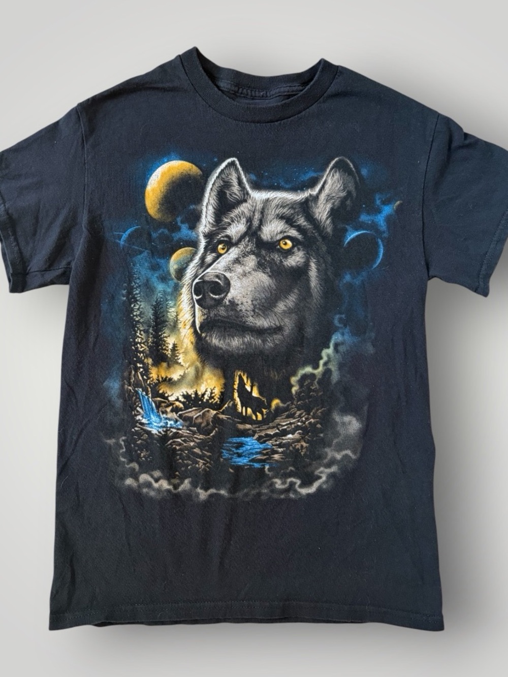 Black Graphic Tee with Wolf and Moon - DOM